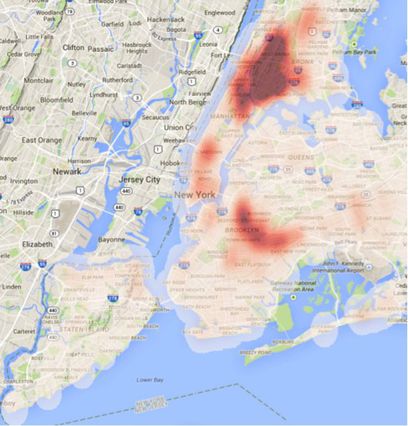 A "heat map" showing how the 3,800 police lawsuits were distributed in 2013